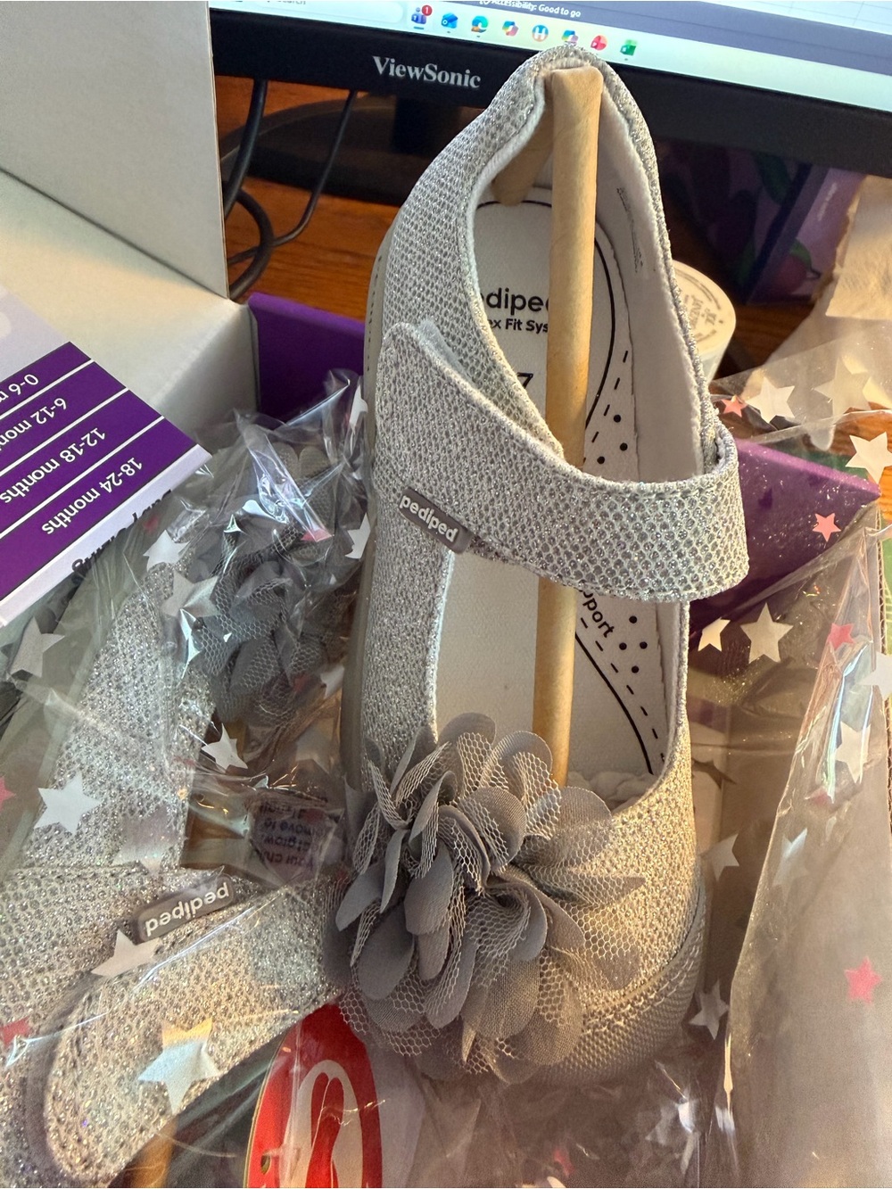Pediped Sparkle Grey Flower Mary Jane Shoes for Kids- NEW